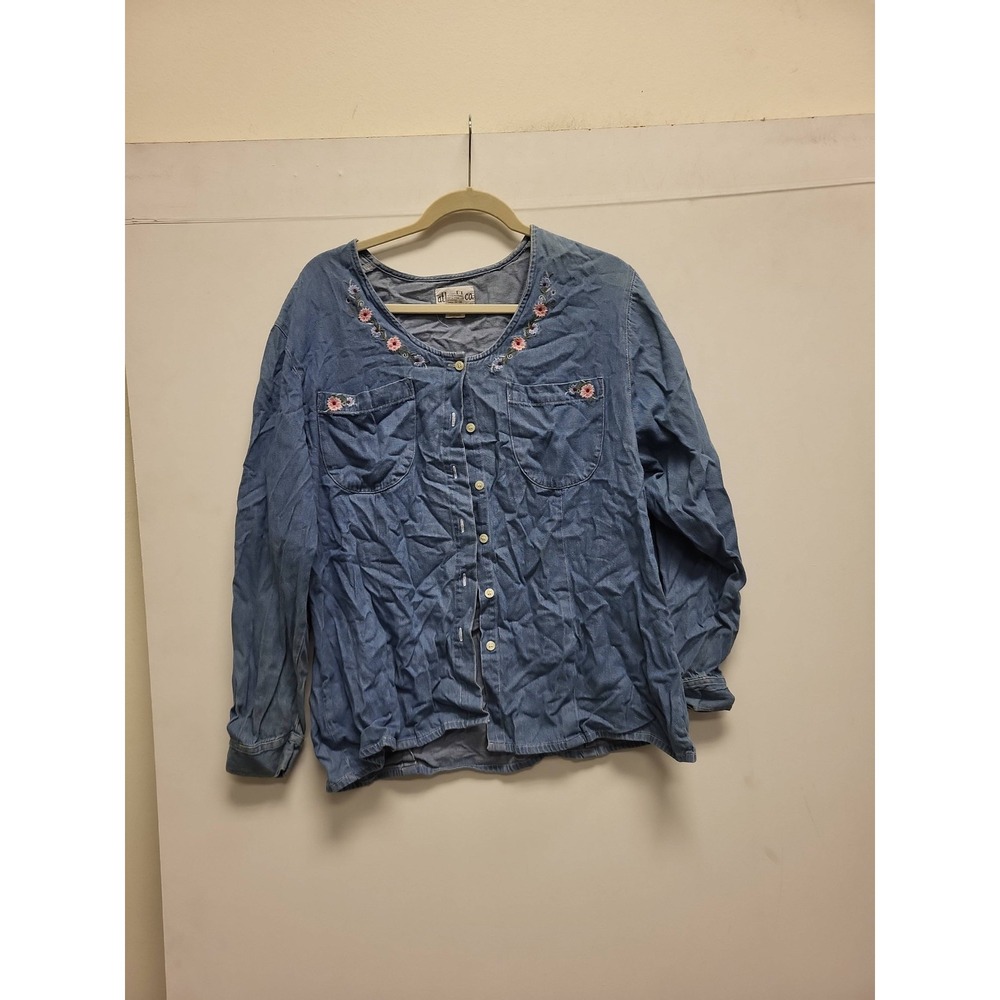 atlast&co Denim Shirt Womens 18 20 Floral Embroidered Button Up Top Blouse Blue